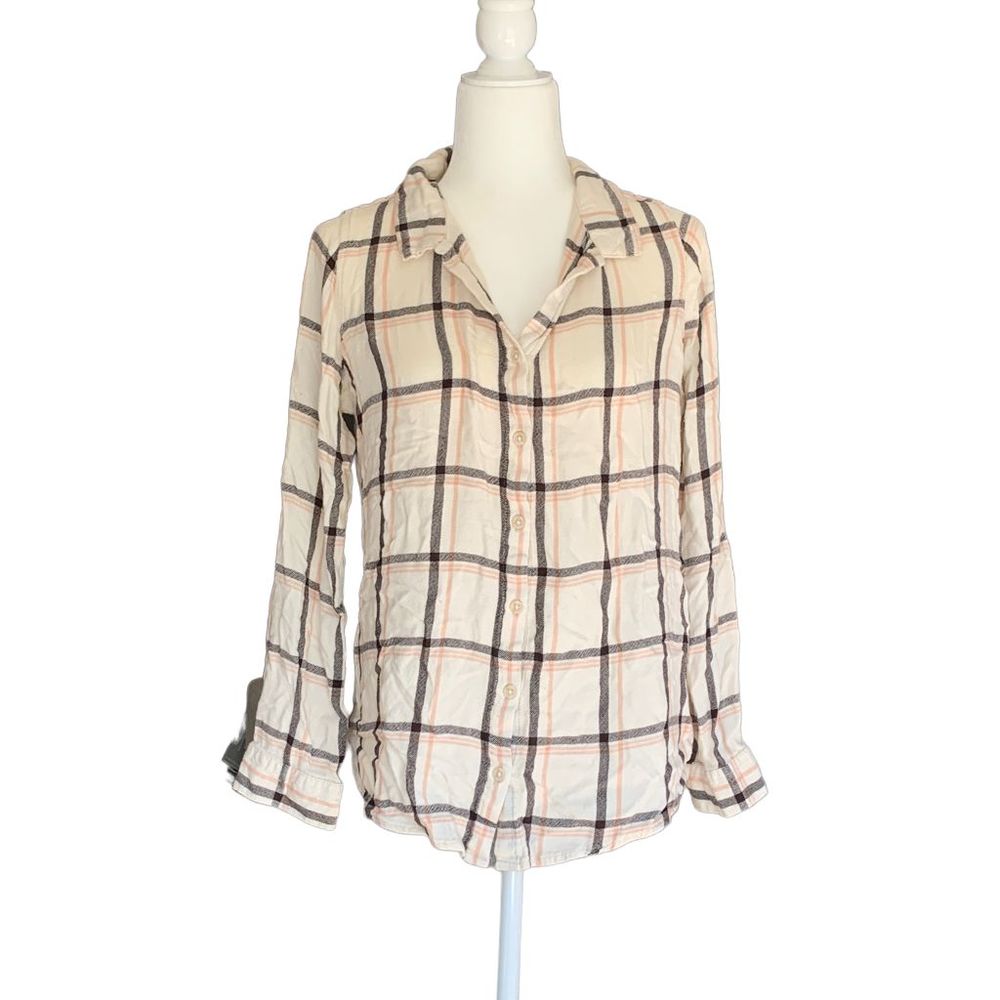 Long Sleeve Plaid Button Down 100% Rayon Women Shirt Size L